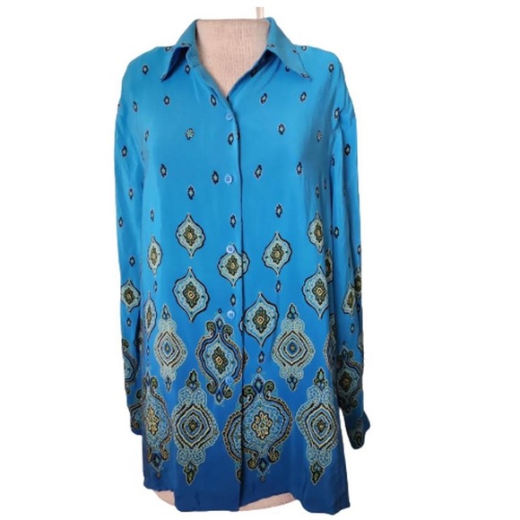 Vintage Silk Blouse By Beth Terrell Blue Geo Print Top Size M Sustainable Office - Picture 12 of 12